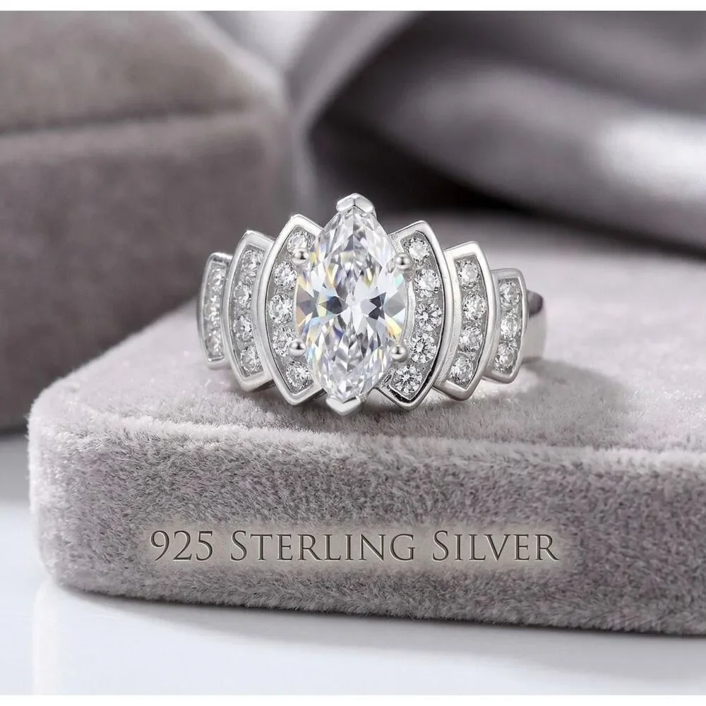 925 Sterling Silver Marquise Cut Clear CZ Tiered Cluster Engagement Ring Size 6